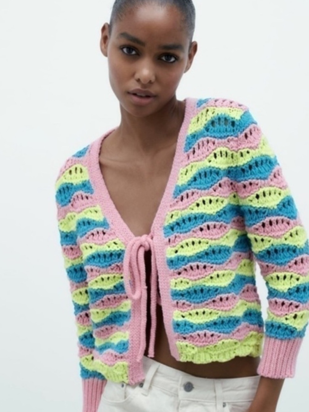 Zara Crochet Knit Tie Front Cardigan Pink Blue Yellow Open Weave Sweater Size S